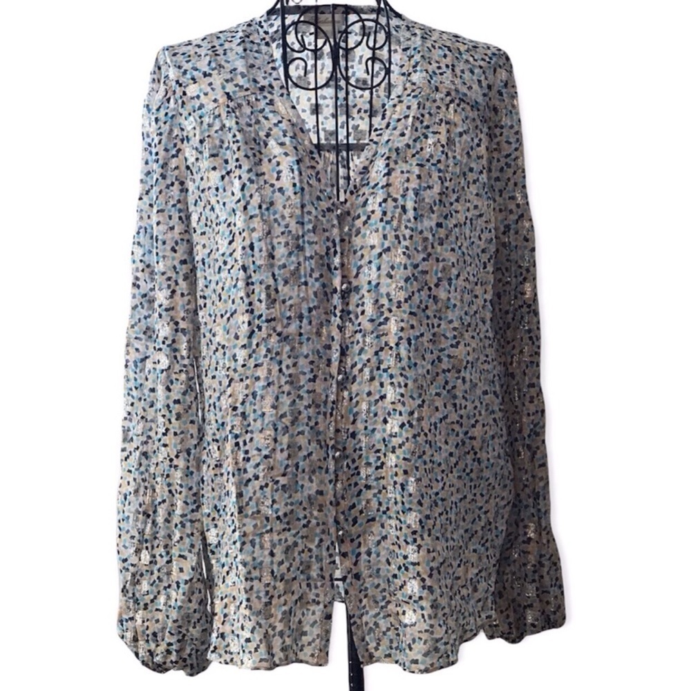 Shoshanna Confetti Silver Clip Metallic Print Sheer Pleated Long Sleeve Blouse